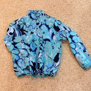 Catalina Blue Floral Retro Windbreaker Women’s Large Drawstring and Pockets
